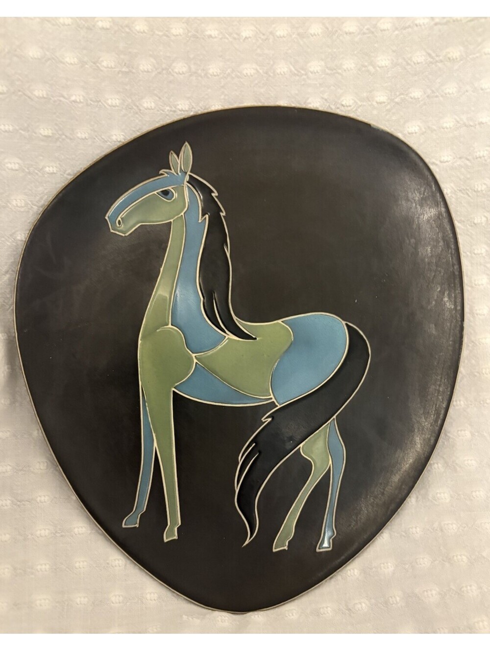 Rare  VTG  Craftsman Black Ceramic Wall Plate Blue Green Horse Rusha Like style